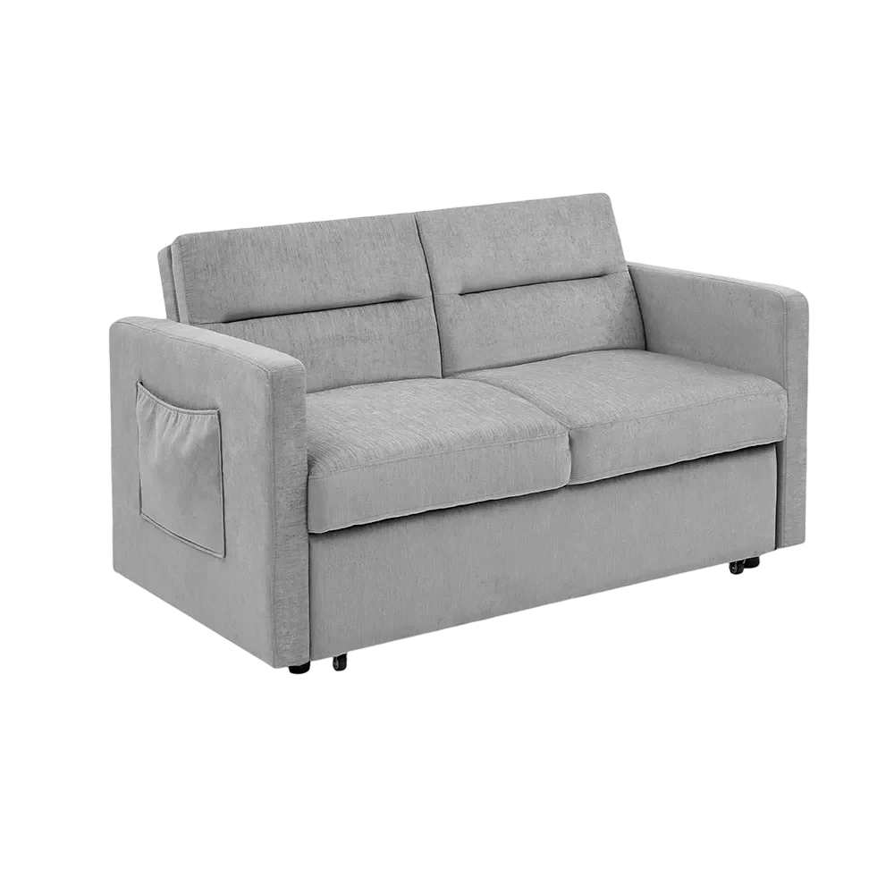 Sofá Cama Brenda de plaza y media de Formas Home, de 140 cm de largo como sofá, tapizado en tela con estructura de madera maciza
