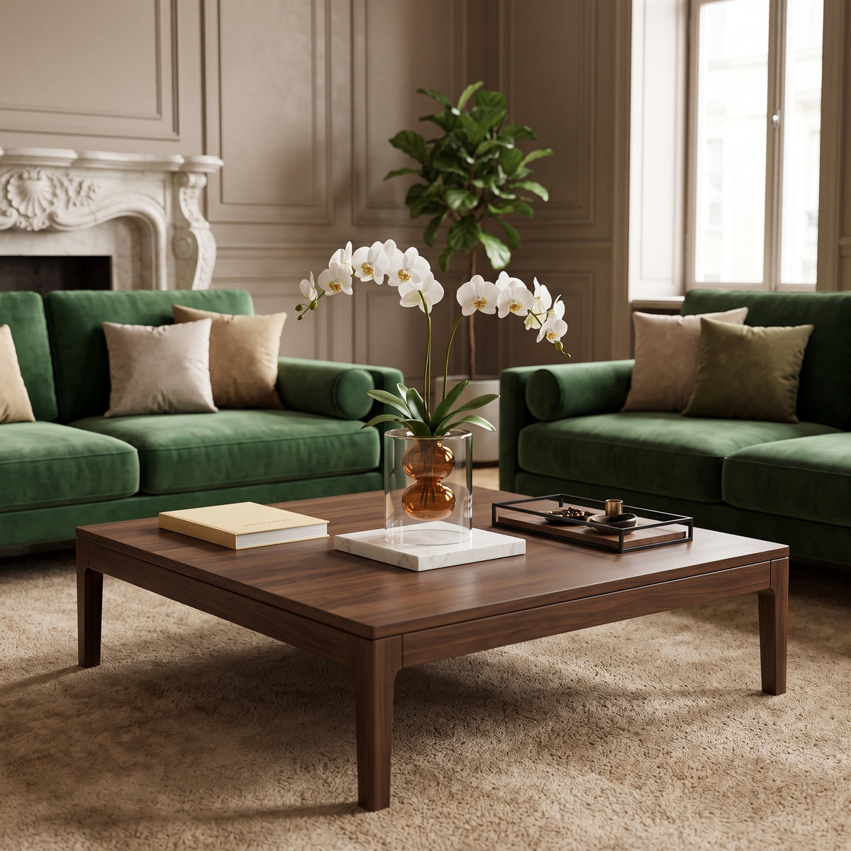 Salón con sofás verdes, mesa de centro y orquídeas — decoración Formas Home