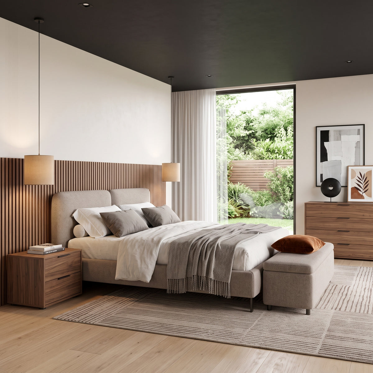 Dormitorio con cama tapizada, cabecera de madera y cómoda — Formas Home