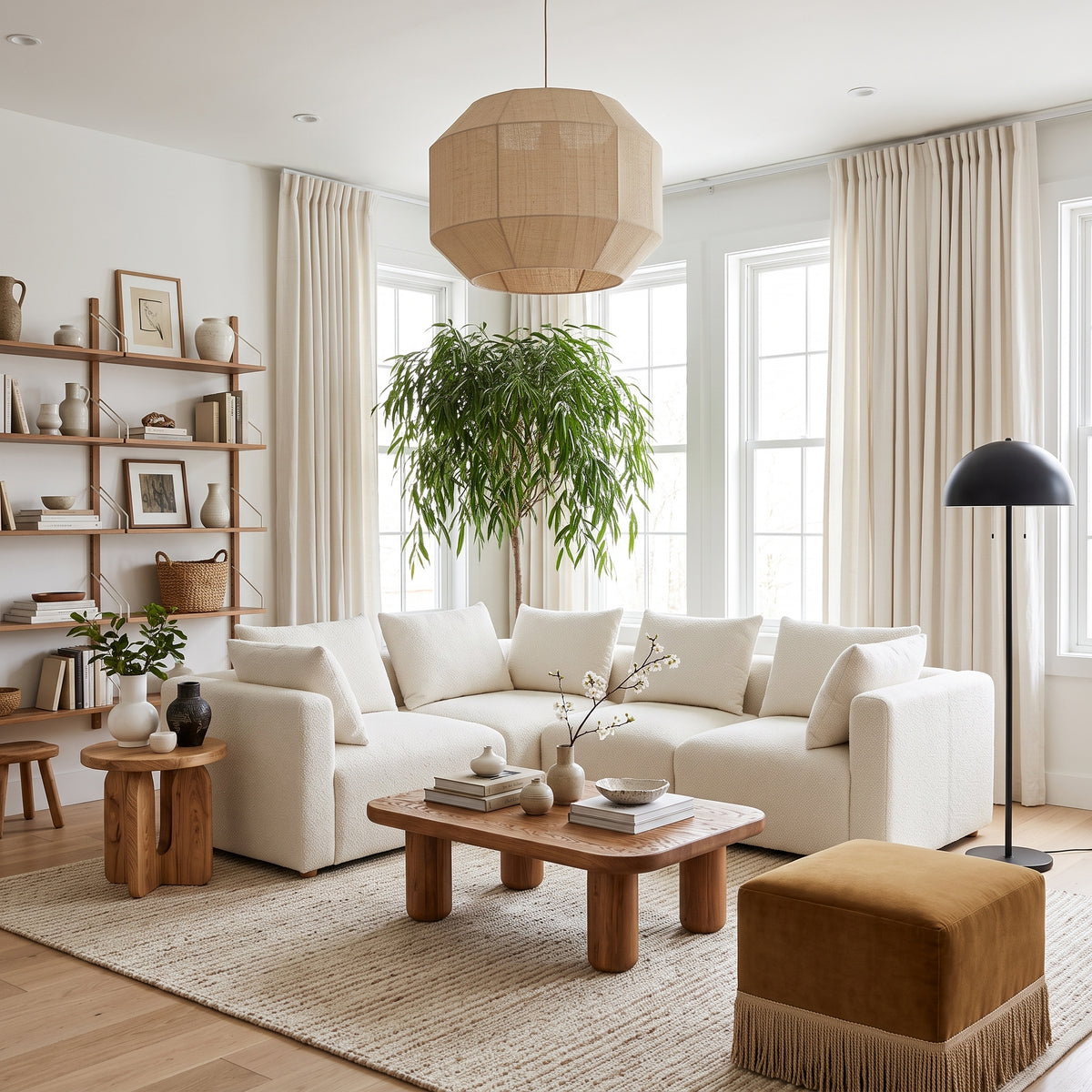 Sala con sofá modular claro, mesa de centro de madera y estanterías — Formas Home