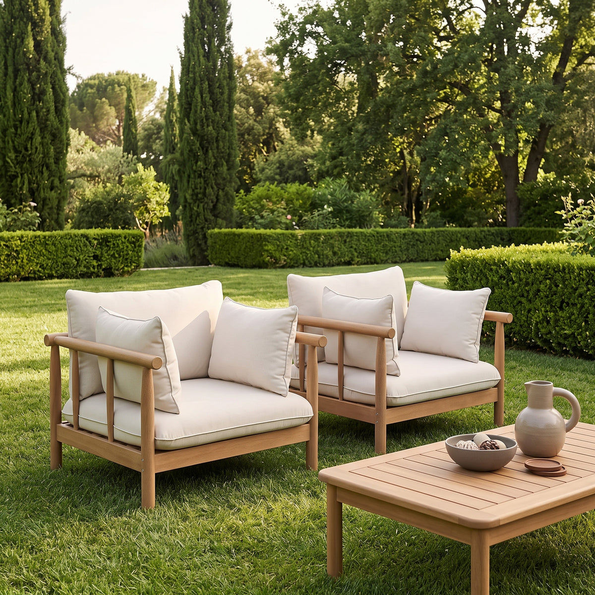 Sillones y mesa de terraza en madera con cojines crema sobre jardín — Formas Home