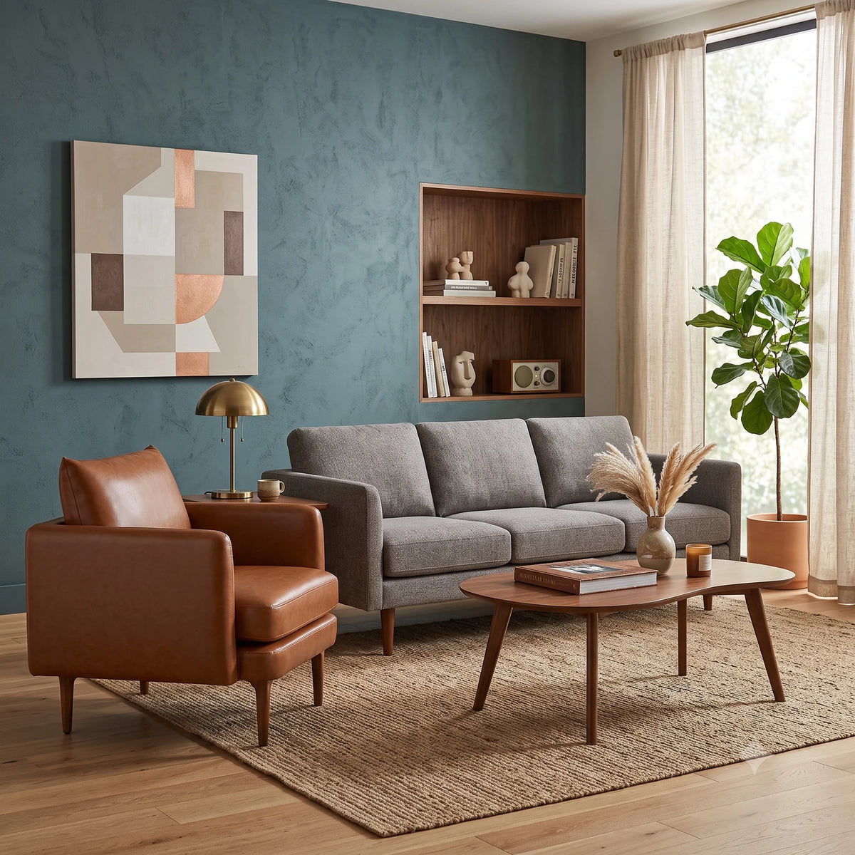 Sala pared azul sofá gris butaca — Colección Eli de Formas Home, cuero caramelo