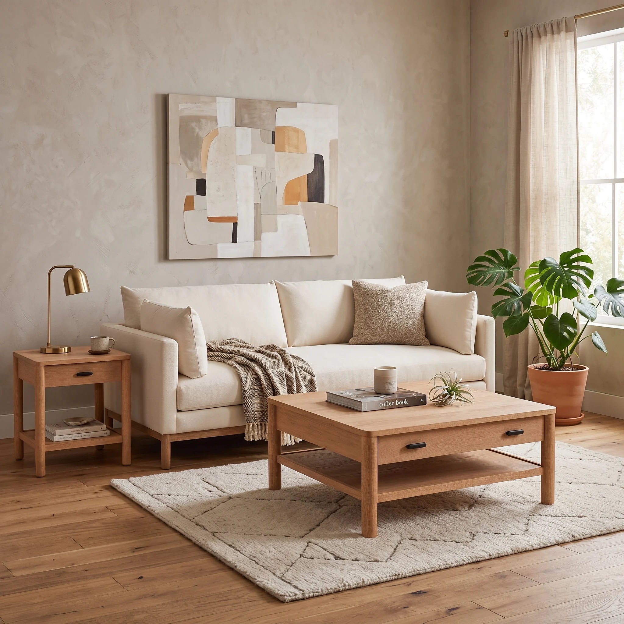 Sala sofá blanco mesa centro — Colección Mila de Formas Home, roble claro
