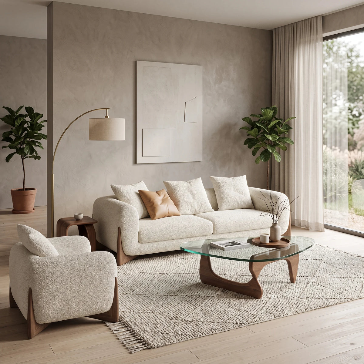 Sala sofá blanco butaca bouclé — Colección Muyu de Formas Home, tela bouclé